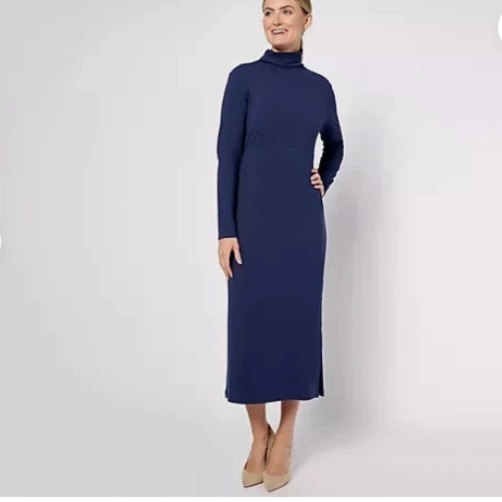 Women with Control Fnspn Jersy Tummy Cntol Midi Dress-Blue-Petite 1X-NWT-A623040